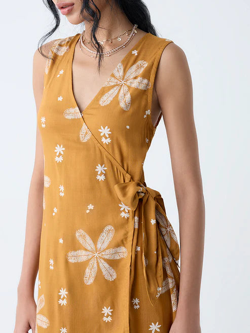 Fashionable Women Wrap Style Dress Featuring Mustard Floral Print Perfect for Modern Casual and Party Wear