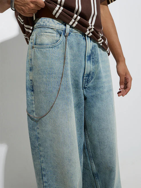 Modern Men’s Light Blue Barrel Fit Denim with Washed Finish and Mid Rise Waist