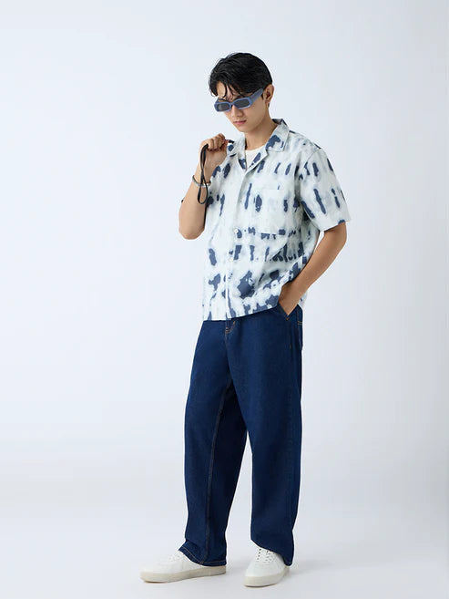 Lightweight Indigo Printed Cotton Shirt Relaxed Fit Casual Outfit