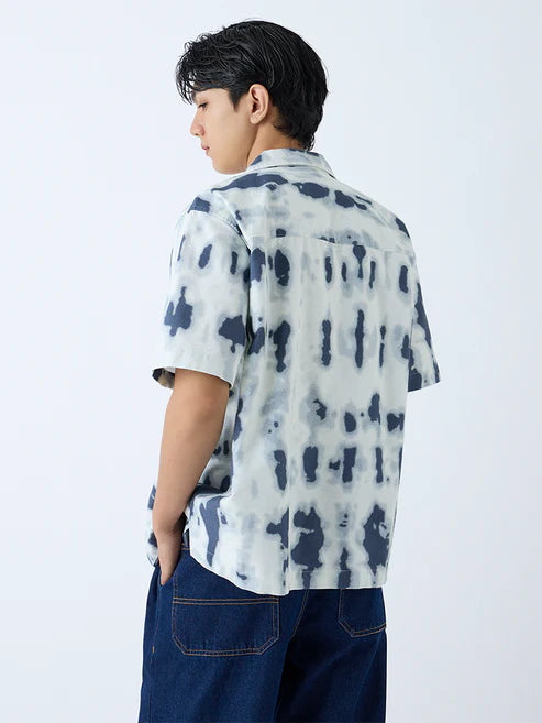 Lightweight Indigo Printed Cotton Shirt Relaxed Fit Casual Outfit
