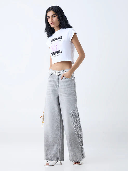 Designer Grey Faded Wide-Leg Mid-Rise Jeans with Contemporary Urban Style