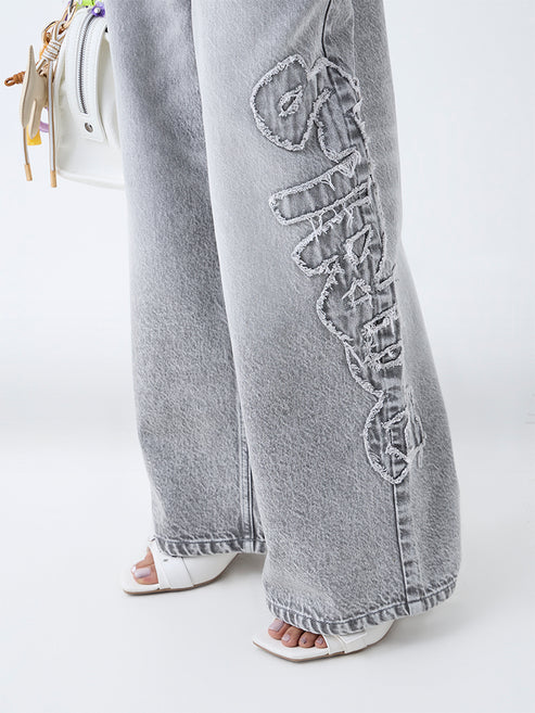 Designer Grey Faded Wide-Leg Mid-Rise Jeans with Contemporary Urban Style