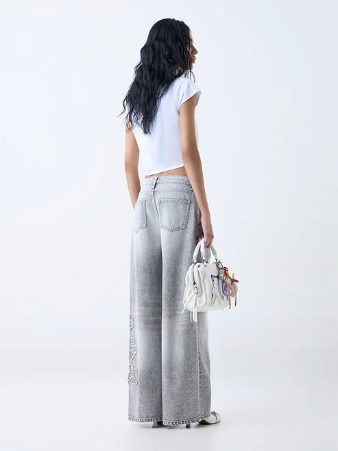 Designer Grey Faded Wide-Leg Mid-Rise Jeans with Contemporary Urban Style