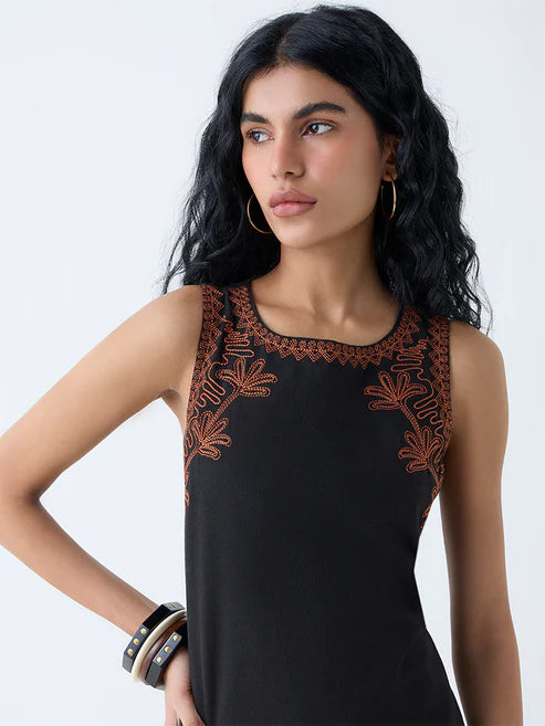 Timeless Black Shift Dress with Cotton Blend Fabric and Embroidery