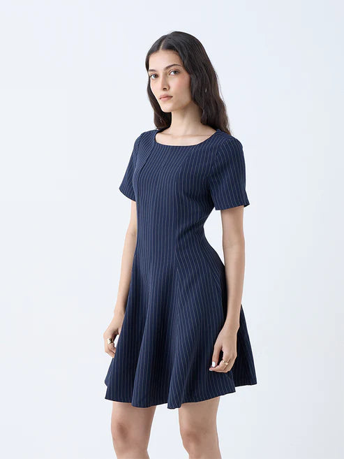 Fashionable Women’s Navy Pinstriped A-Line Dress Trendy Day or Evening Wear