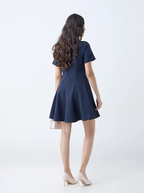 Fashionable Women’s Navy Pinstriped A-Line Dress Trendy Day or Evening Wear