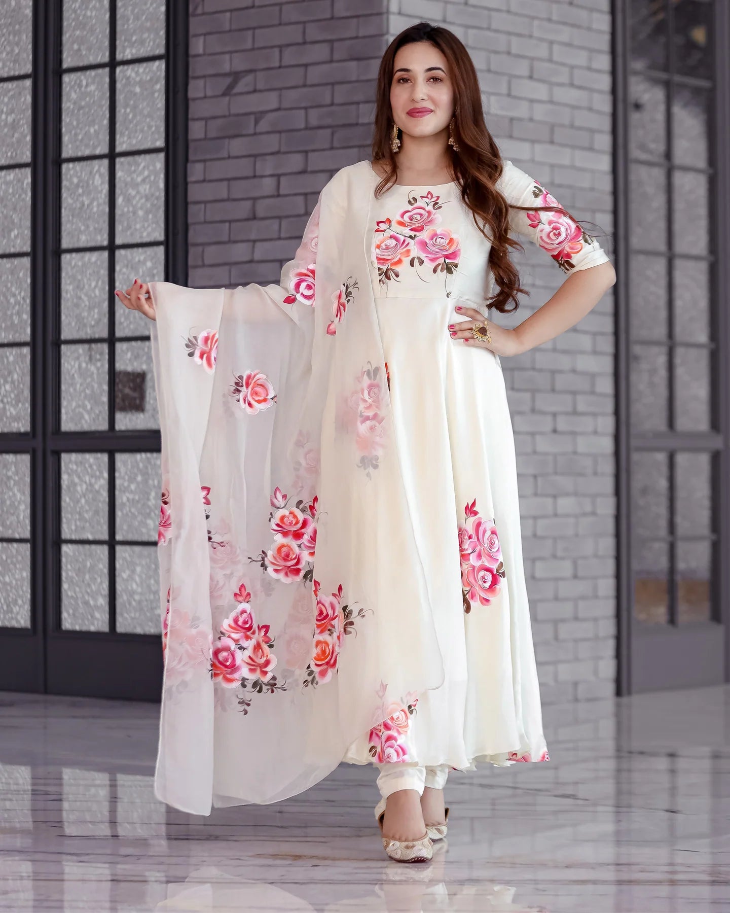 Festive Women’s Cream Valeria Suit Set Featuring Unique Handpainted Detailing and Coordinated Dupatta