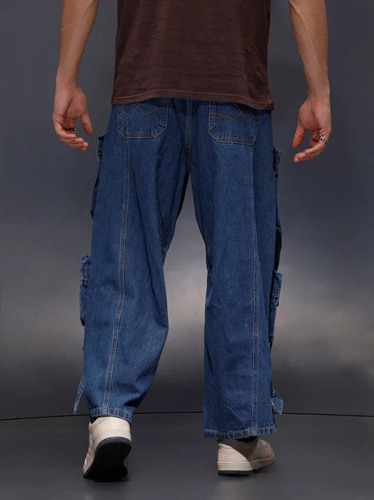 Streetwear Style Men’s Navy Ultra Utility Baggy Fit Cargo Denim Jeans