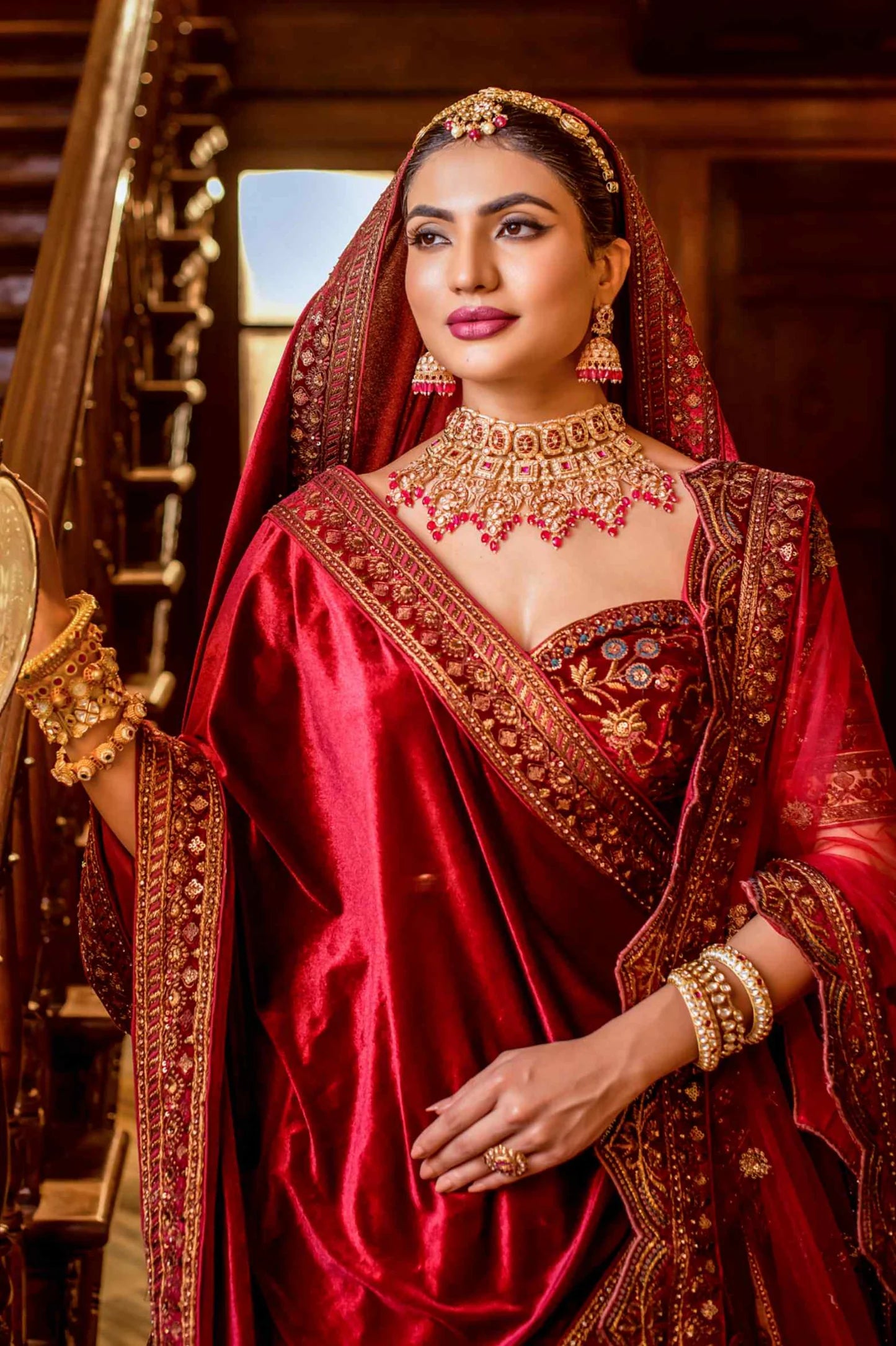 Chic Red Velvet Bridal Lehenga with Sequins Work Designed for Glamorous and Elegant Bridal Dressing