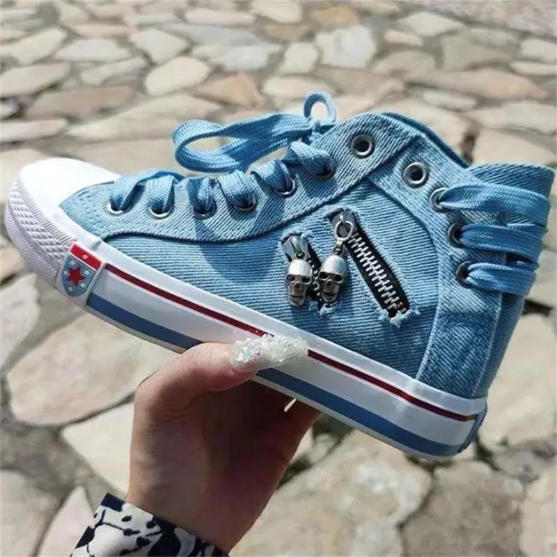Fashion Women’s High-Top Denim Sneakers Comfortable Flat Heel Lace-Up Shoes with Round Toe and Skull Metal Decoration