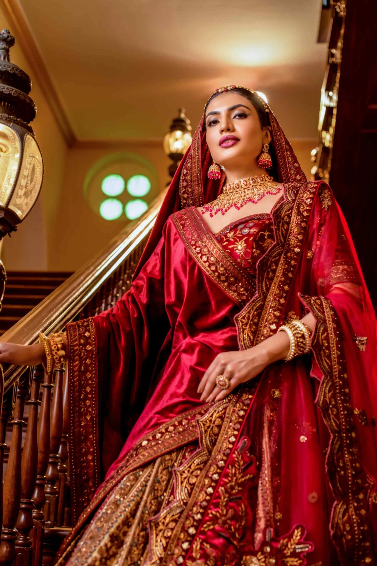 Chic Red Velvet Bridal Lehenga with Sequins Work Designed for Glamorous and Elegant Bridal Dressing