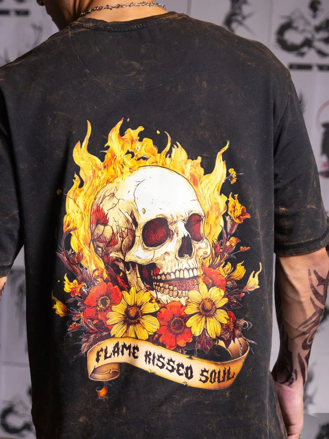 Premium Black T-Shirt with Flame Kissed Skull Printed Graphic Street Style