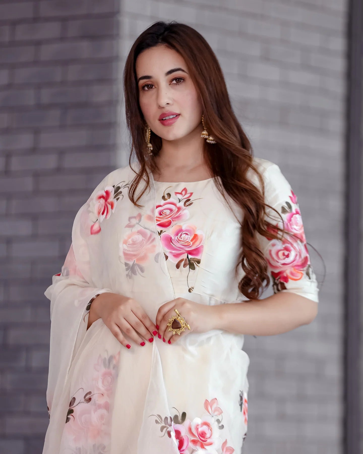 Festive Women’s Cream Valeria Suit Set Featuring Unique Handpainted Detailing and Coordinated Dupatta