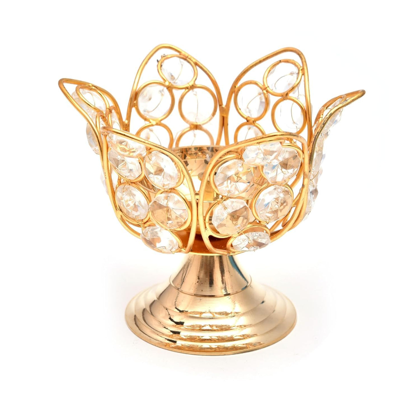 Lotus Shape Crystal Studded Brass Diya Oil Lamp for Home and Festival