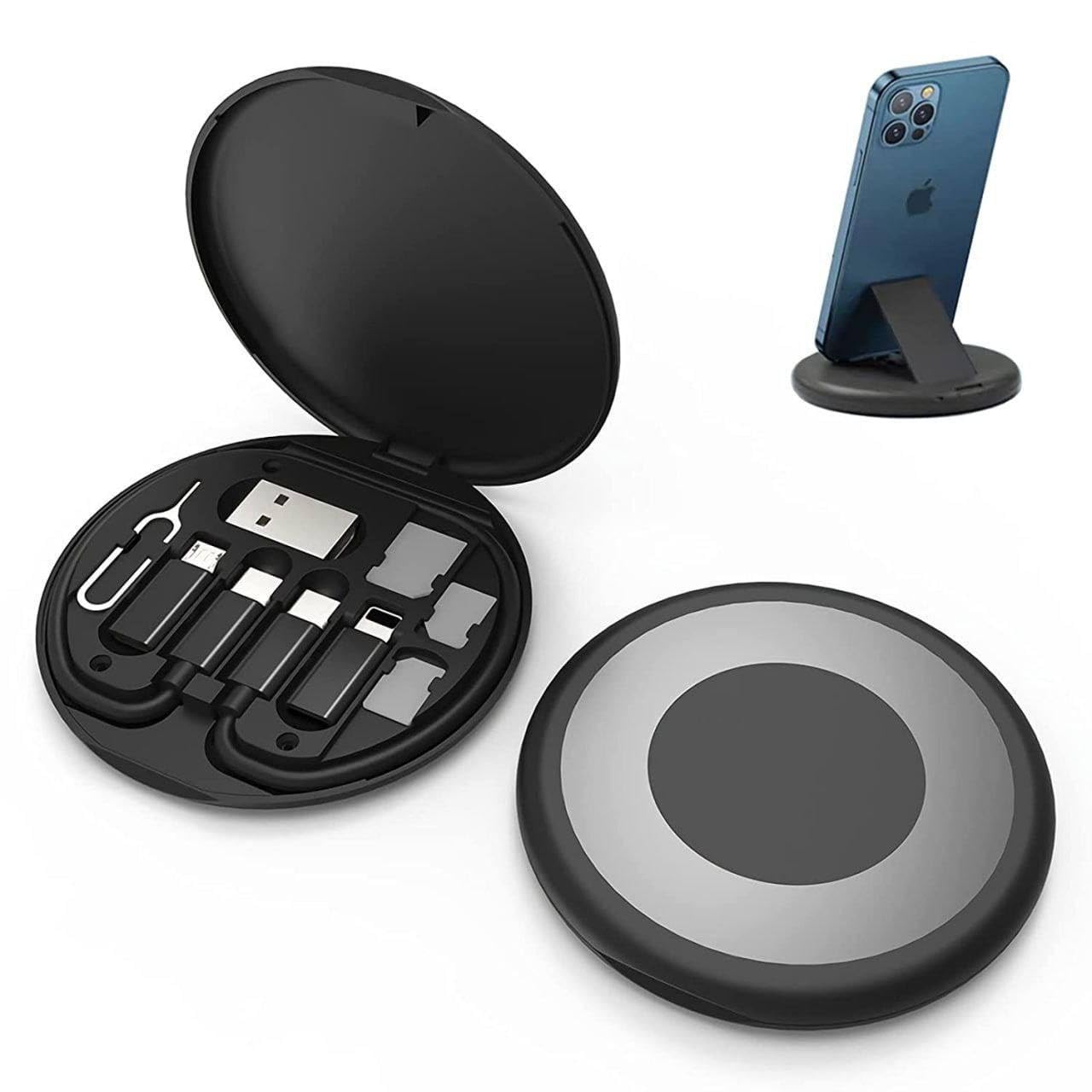 Mini Digital Gadget Storage Box with Data Cable, Battery Charger, and SIM Card Slots