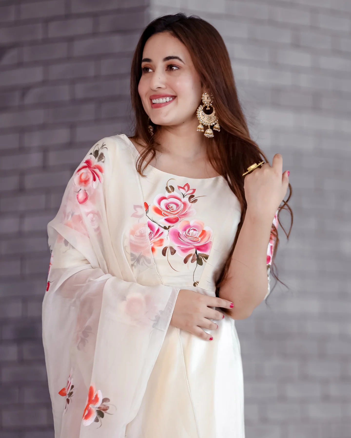 Festive Women’s Cream Valeria Suit Set Featuring Unique Handpainted Detailing and Coordinated Dupatta