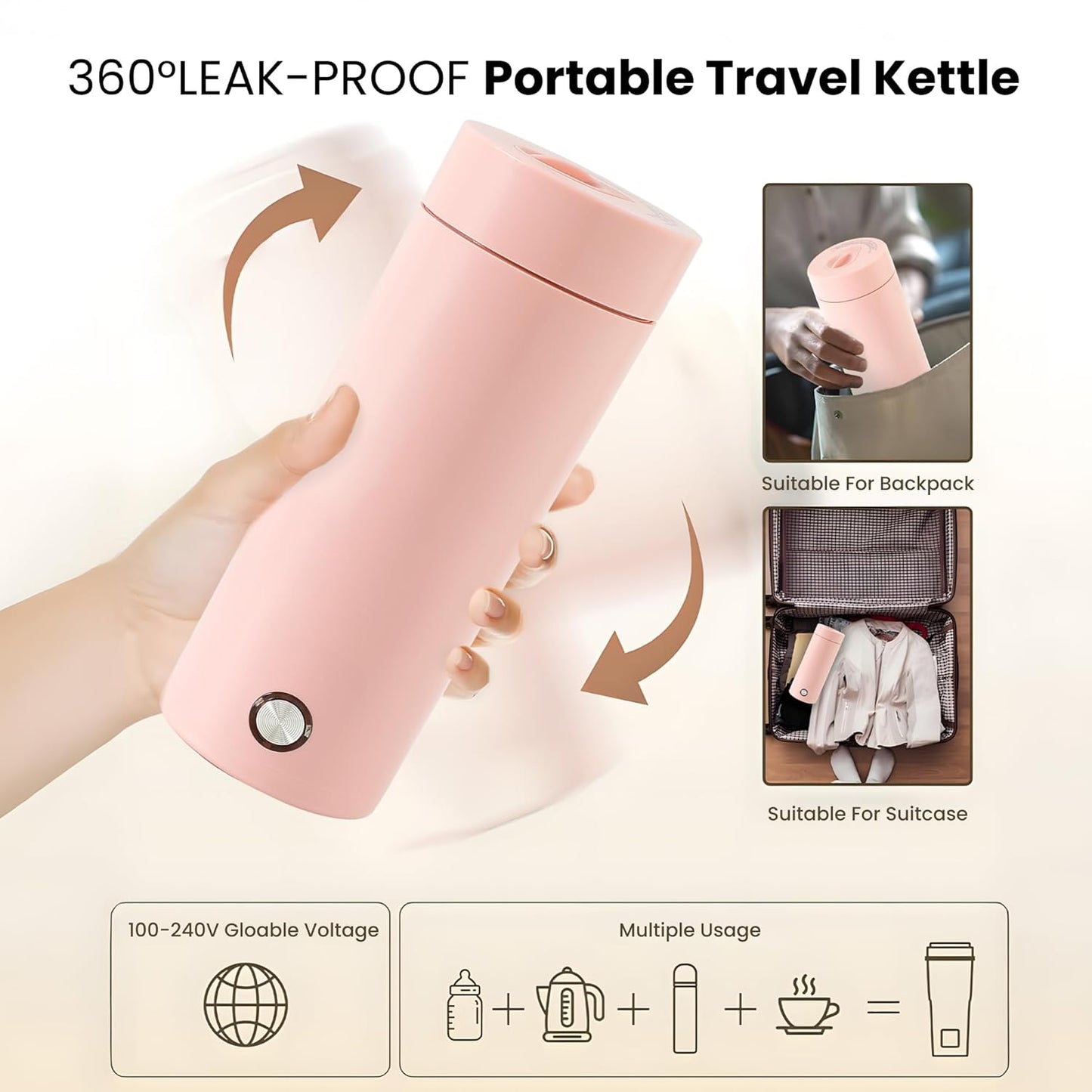 Pink Portable Electric Kettle for Travel with Fast Heating and Auto Shut-Off Function