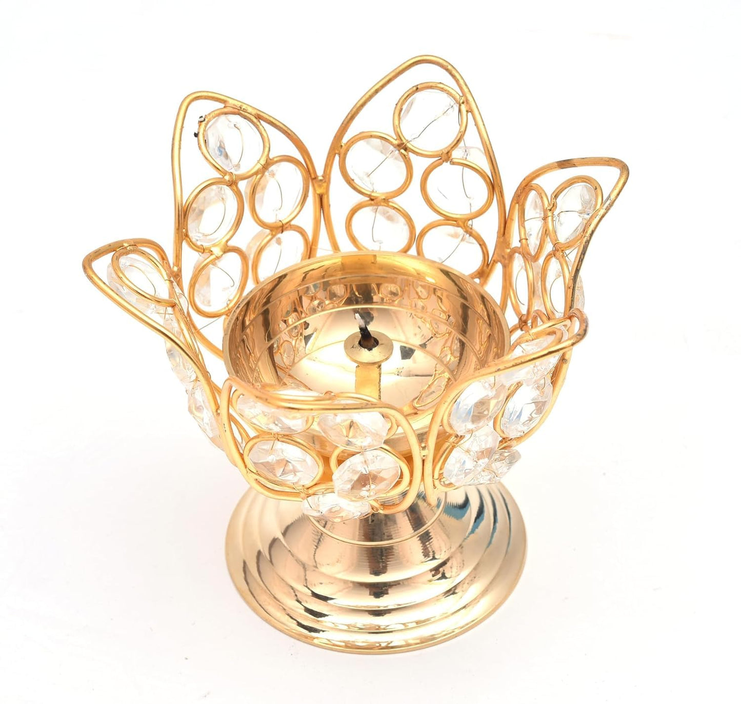 Lotus Shape Crystal Studded Brass Diya Oil Lamp for Home and Festival