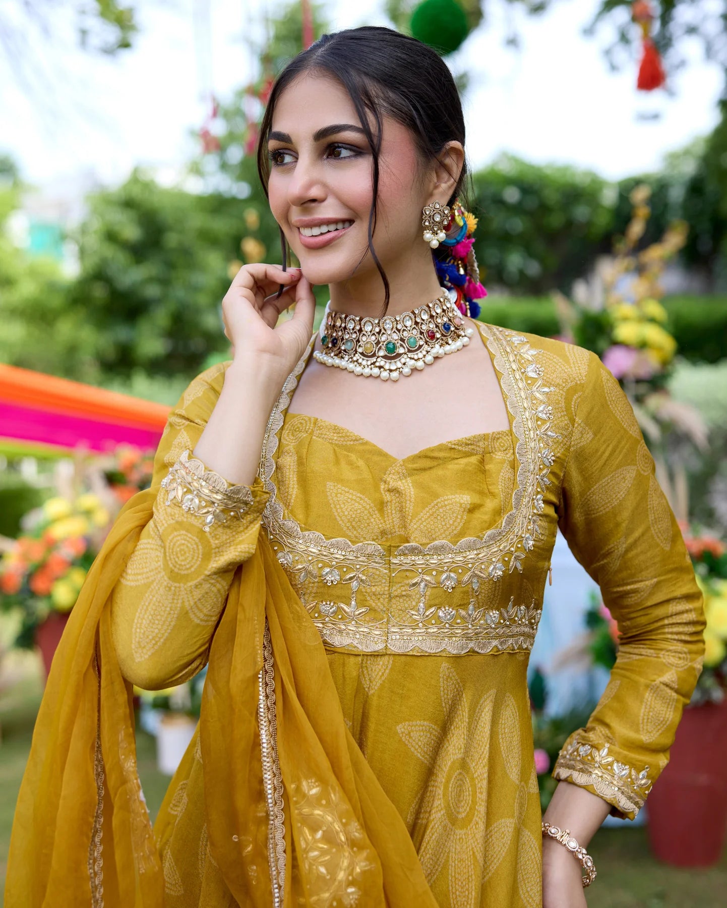 Ethnic Women’s Teela Mustard Bandhani Chanderi Suit Set with Premium Fabric, Stylish Design, and Traditional Appeal
