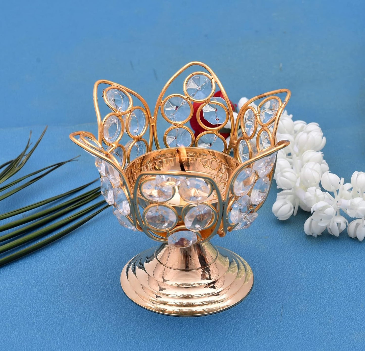 Lotus Shape Crystal Studded Brass Diya Oil Lamp for Home and Festival