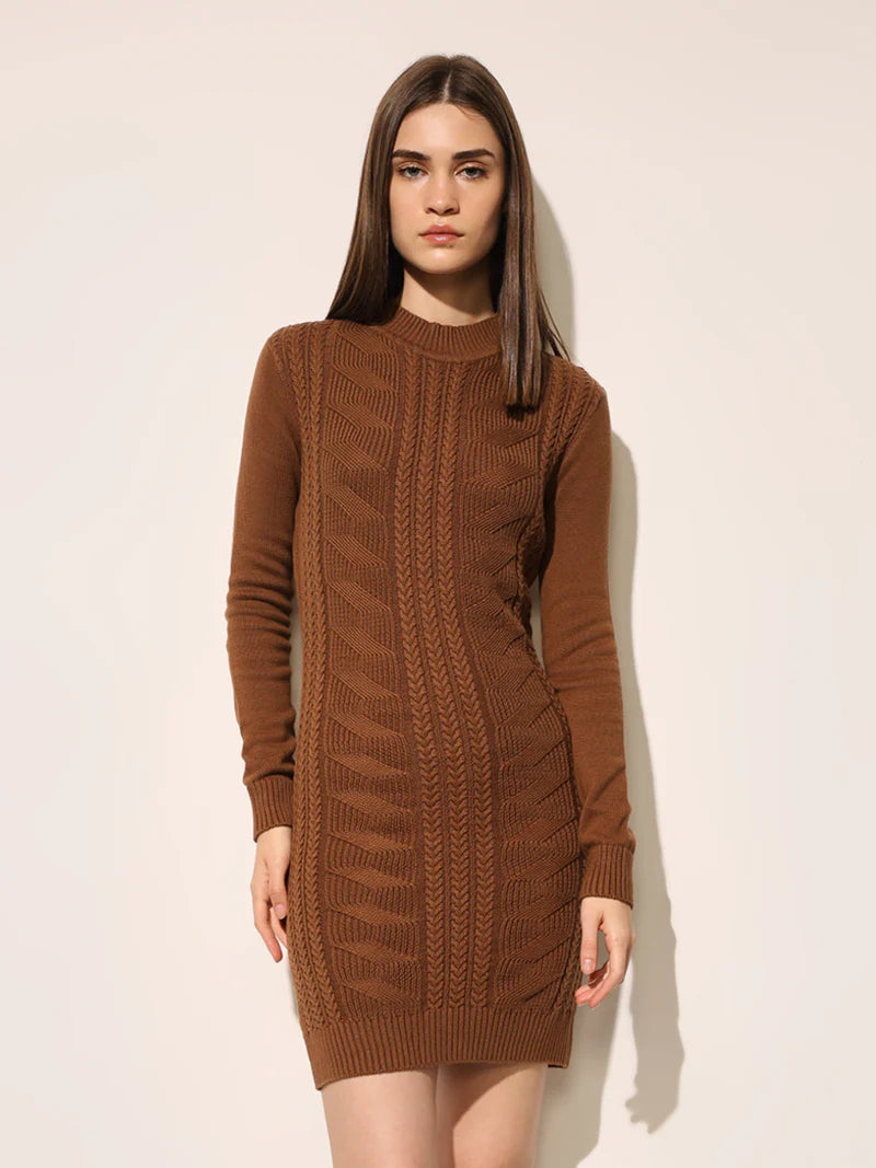 Brown Cable Knitted Bodycon Dress Women’s Trendy Stylish Outfit for Winter or Outings