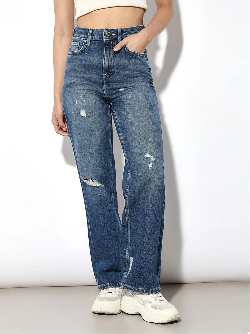 Premium Designer Dark Blue High Rise Distressed Jeans Perfect for Street Style