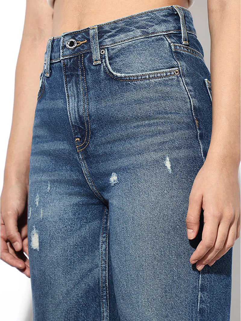 Premium Designer Dark Blue High Rise Distressed Jeans Perfect for Street Style