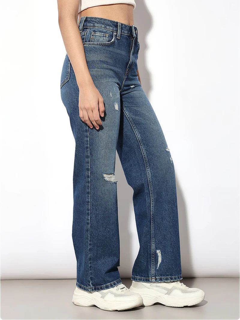 Premium Designer Dark Blue High Rise Distressed Jeans Perfect for Street Style