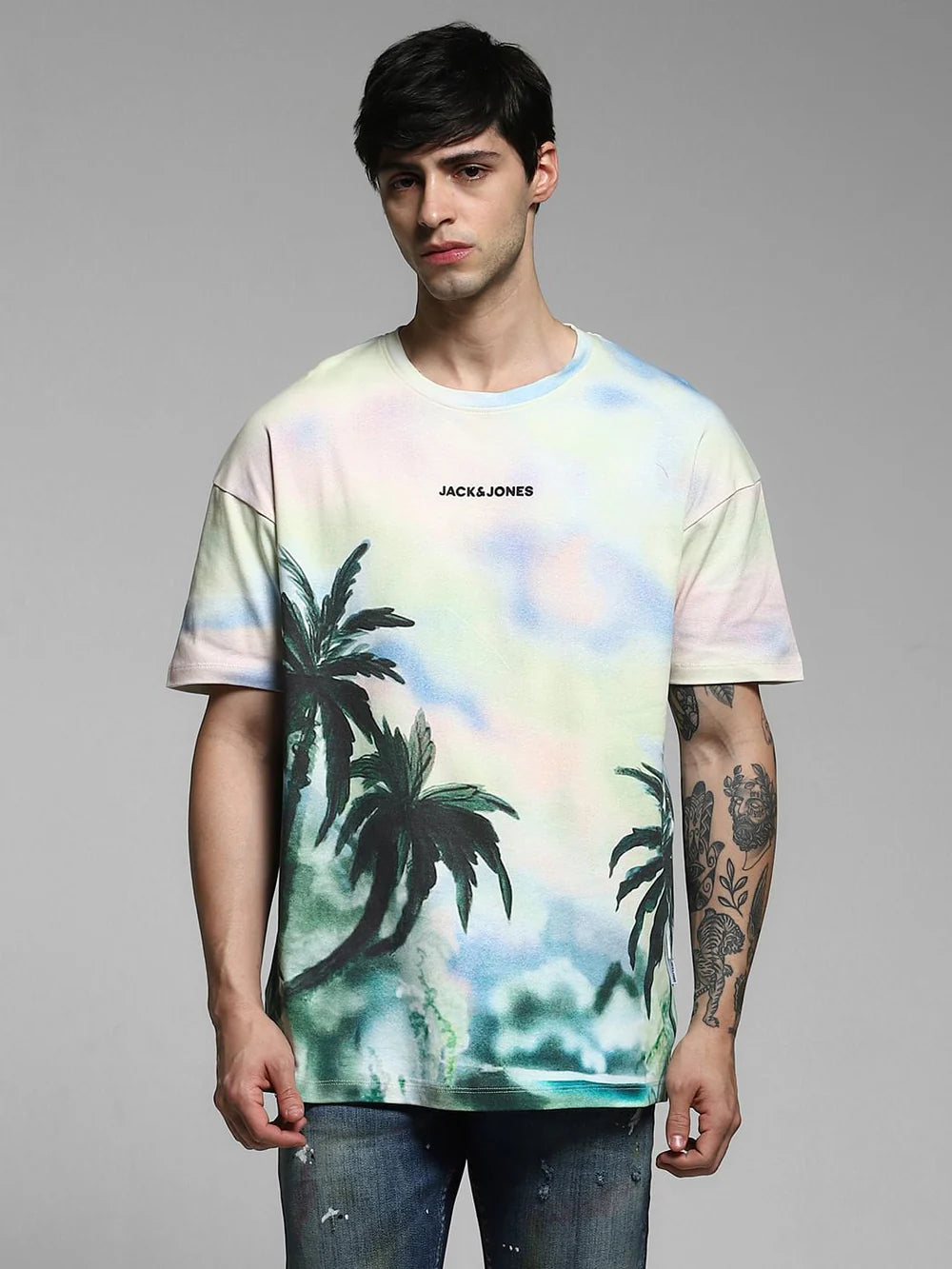 Light Yellow Tropical Print Oversized T-Shirt Men’s Trendy Casual Streetwear Look