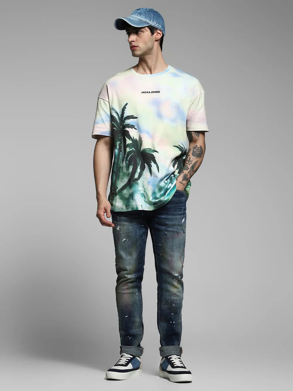 Light Yellow Tropical Print Oversized T-Shirt Men’s Trendy Casual Streetwear Look