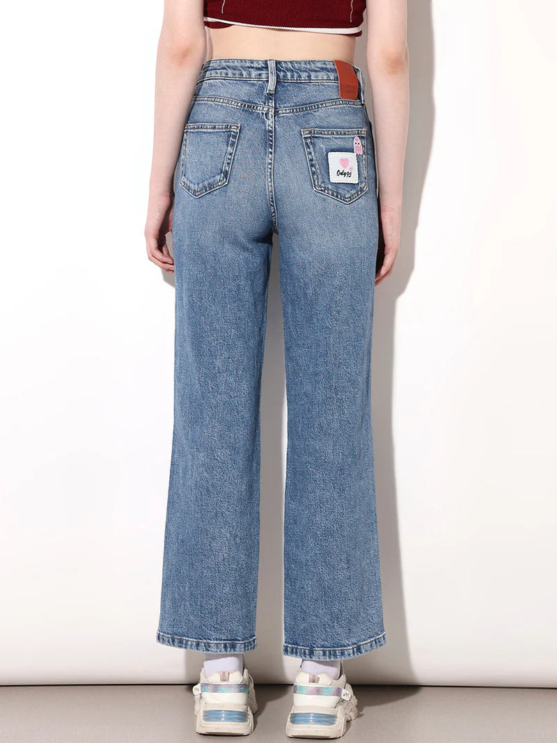 Contemporary Blue Applique Distressed Jeans with Trendy Applique Design