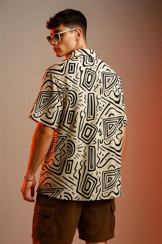 Streetwear Oversized White Black Camp Collar Shirt All Over Print