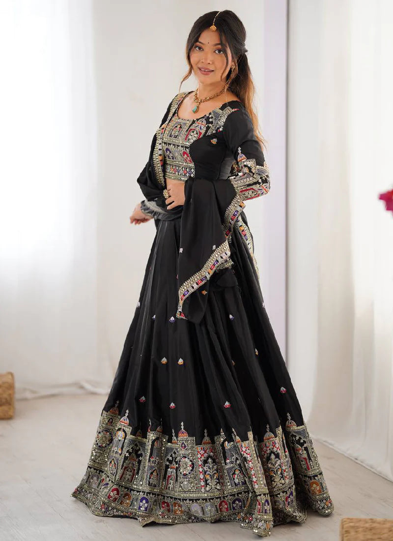 Black Silk Lehenga Choli with Designer Coding Embroidery – Party and Reception Wear