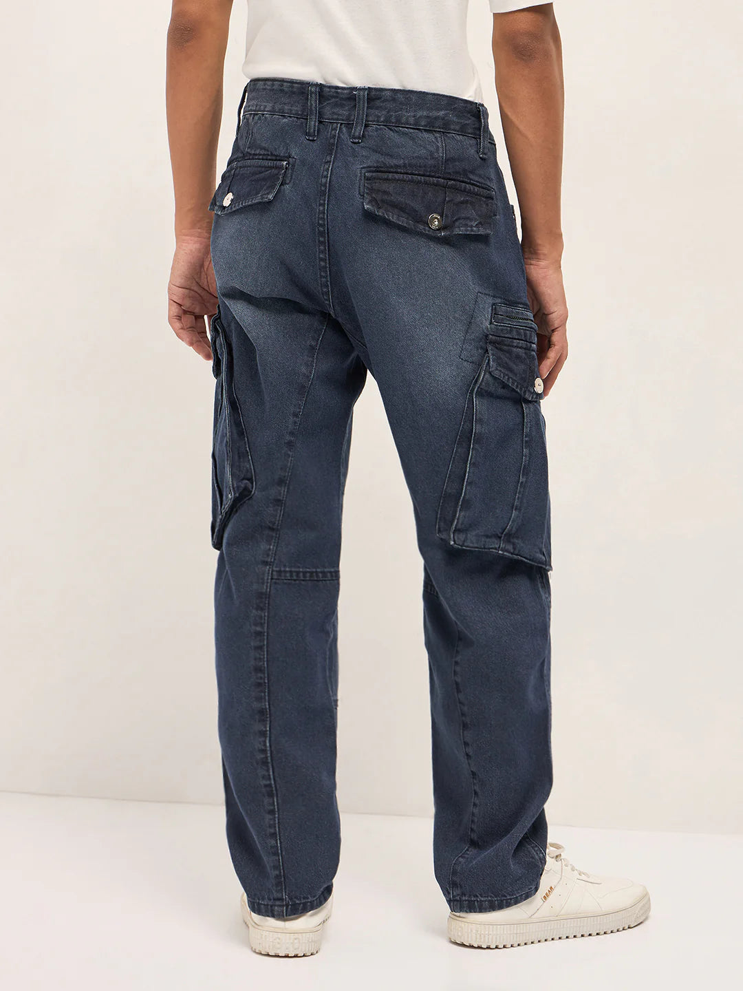 Men’s Everyday Wear Mid Blue Faded Straight Fit Cargo Jeans with Utility Pockets