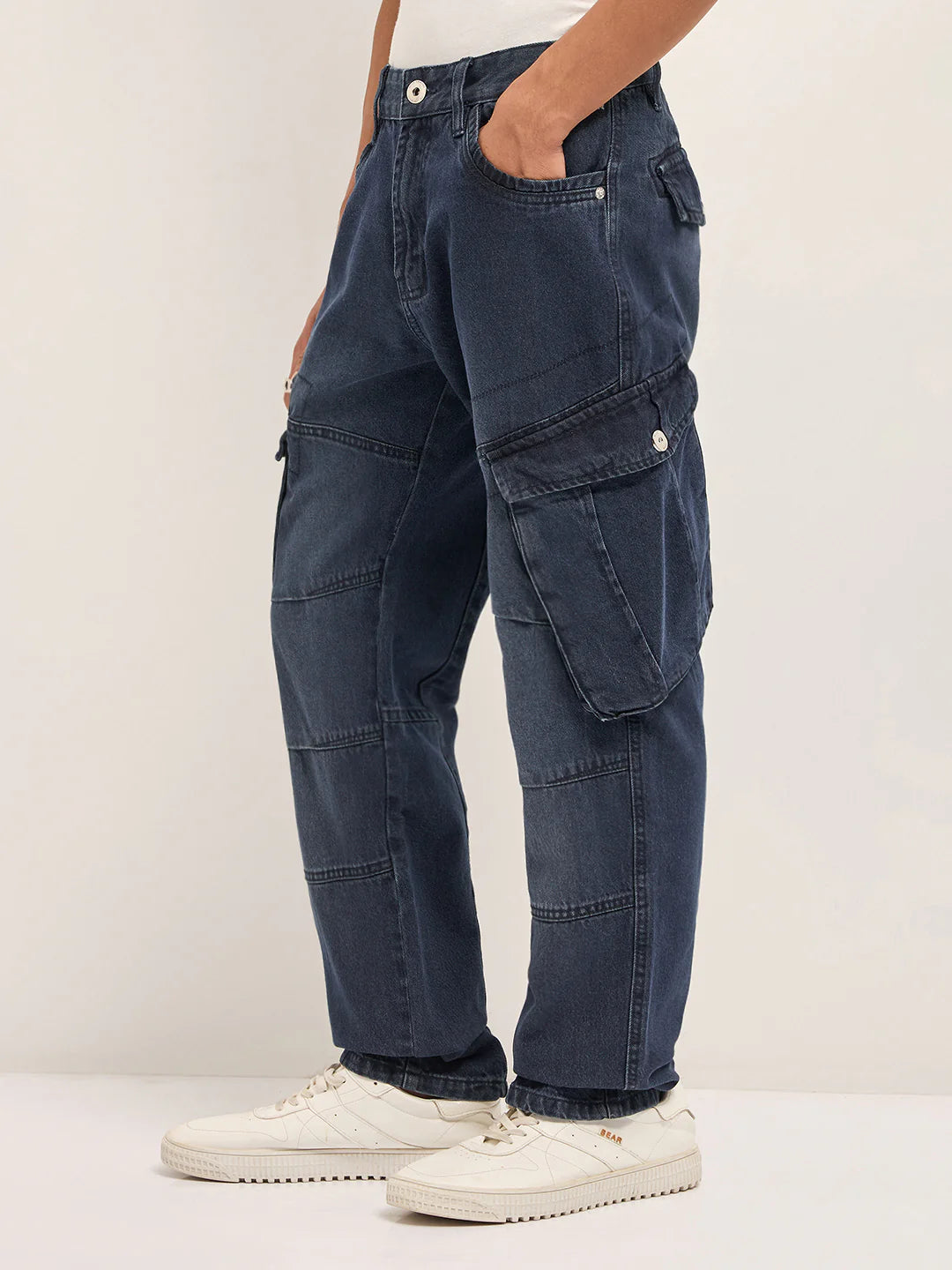 Men’s Everyday Wear Mid Blue Faded Straight Fit Cargo Jeans with Utility Pockets