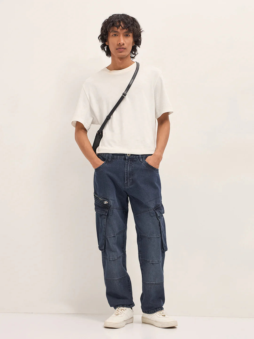 Men’s Everyday Wear Mid Blue Faded Straight Fit Cargo Jeans with Utility Pockets
