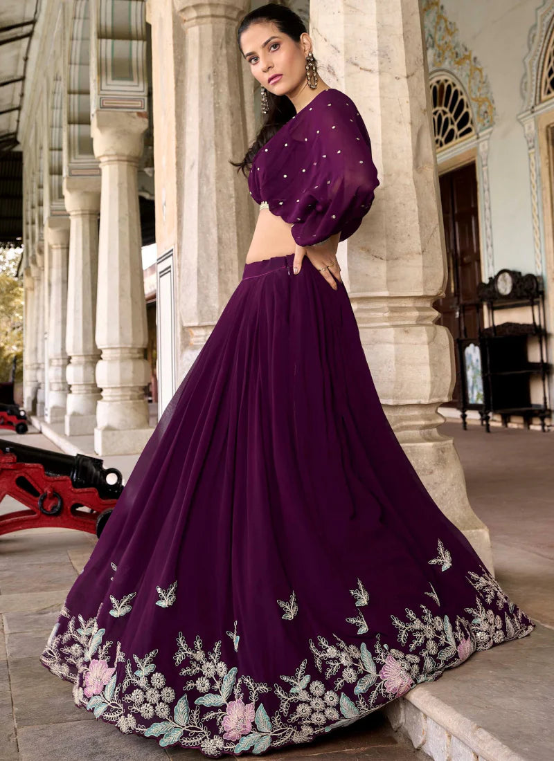 Luxurious Wine Georgette Lehenga with Designer Thread Embroidery and Crop Top for Glamorous Bridal Looks