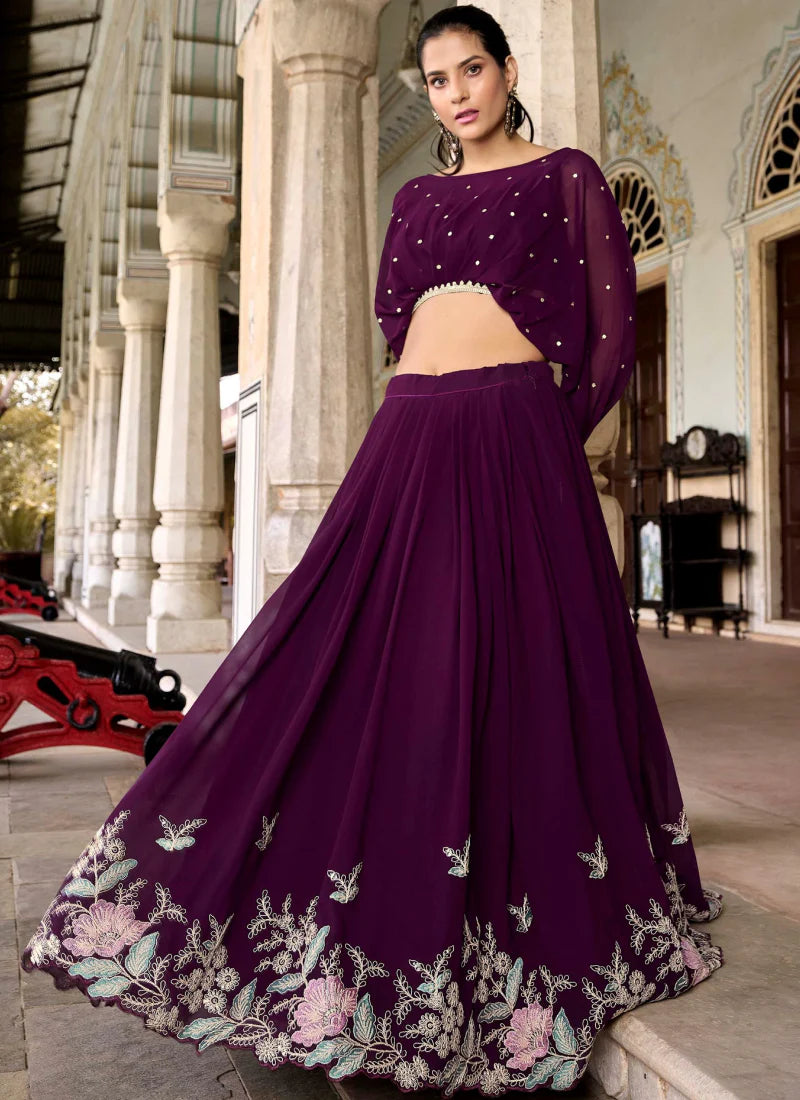 Luxurious Wine Georgette Lehenga with Designer Thread Embroidery and Crop Top for Glamorous Bridal Looks