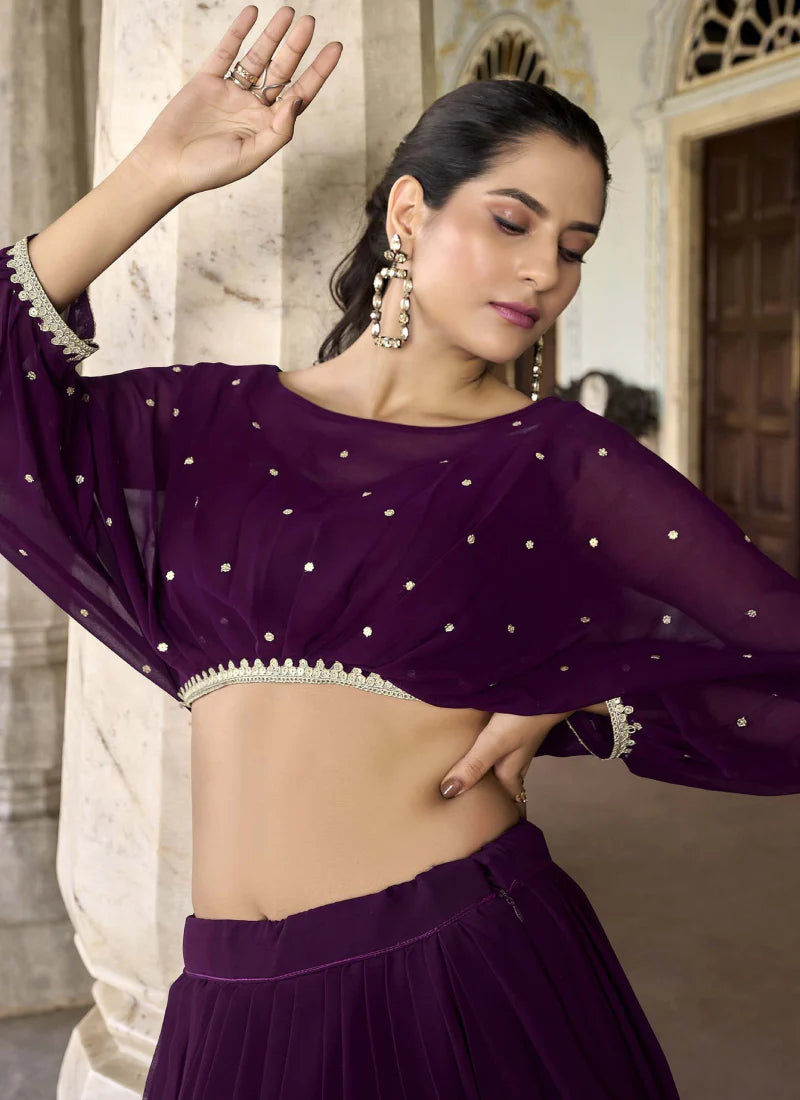 Luxurious Wine Georgette Lehenga with Designer Thread Embroidery and Crop Top for Glamorous Bridal Looks