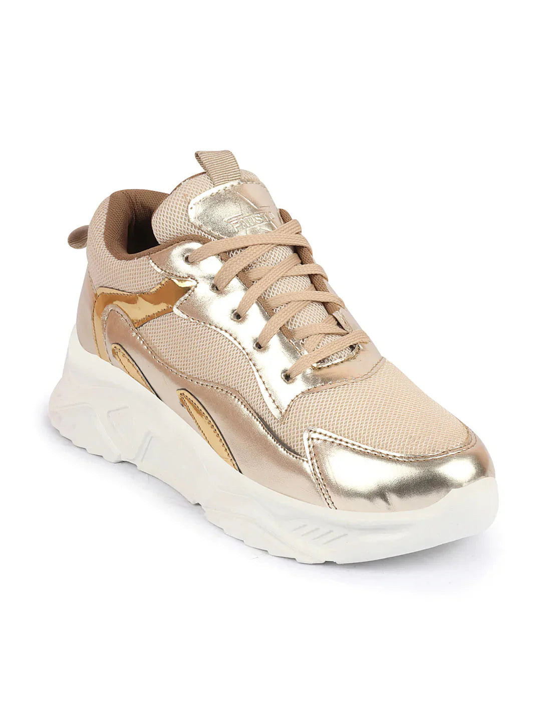 Golden Embellished Sneakers for Women Trendy Sporty Lace-Up Casual Footwear