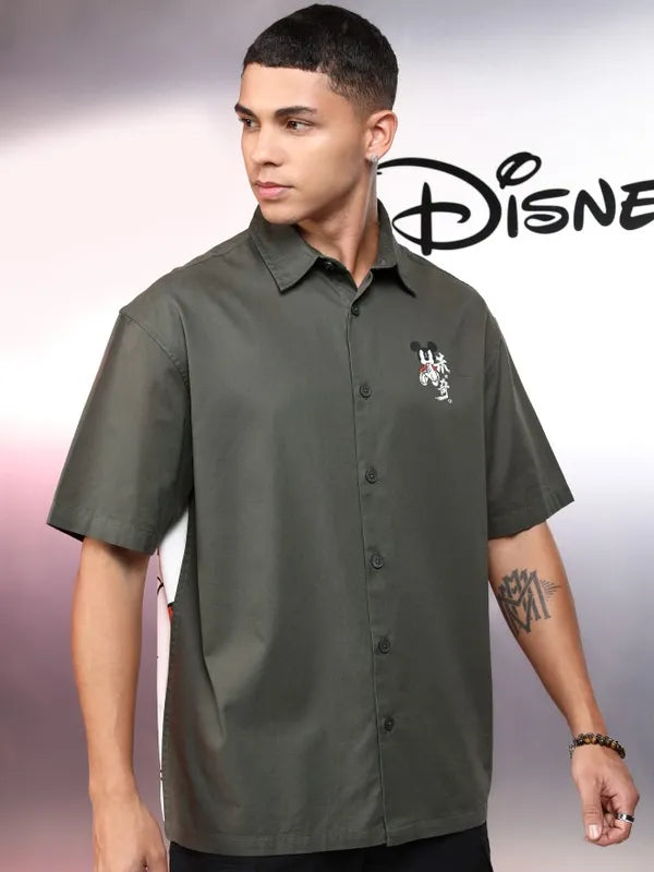 Trendy Highlander Men Olive Mickey Mouse Printed Oversized Fit Relaxed Casual Shirt