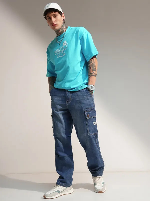 Relaxed Fit Blue Baggy Cargo Jeans for Men with Comfortable Stretch