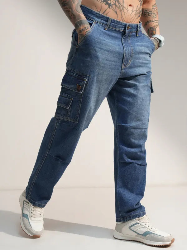 Relaxed Fit Blue Baggy Cargo Jeans for Men with Comfortable Stretch