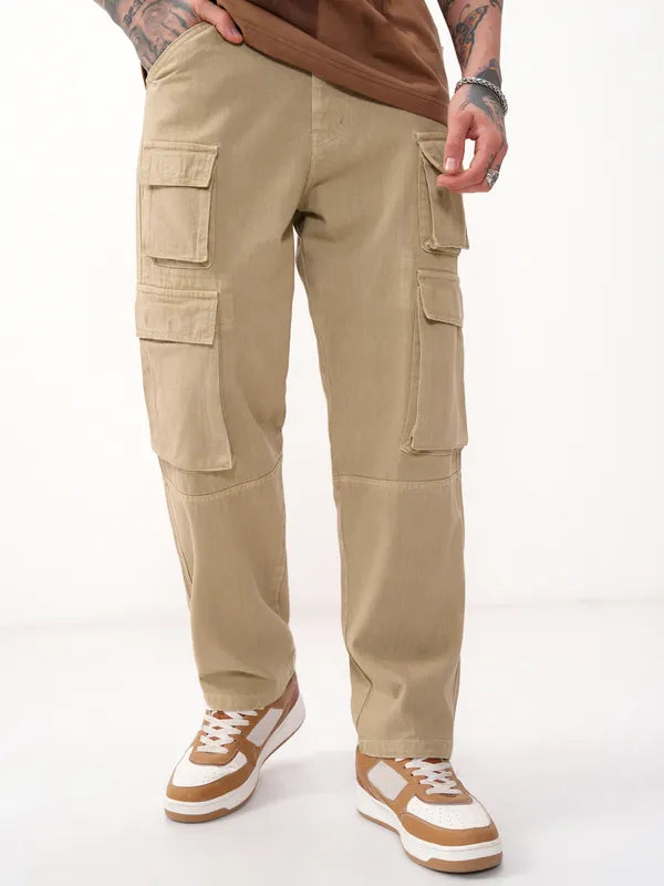 Streetwear-Inspired Men’s Khaki Stretchable Baggy Jeans with Soft Fabric