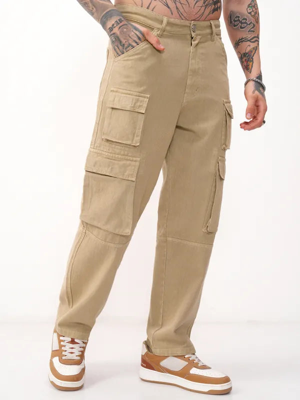 Streetwear-Inspired Men’s Khaki Stretchable Baggy Jeans with Soft Fabric