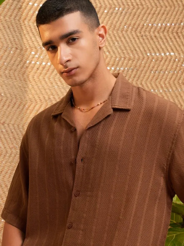 Brown Solid Casual Shirt Men Oversized Fit Relaxed Summer Top