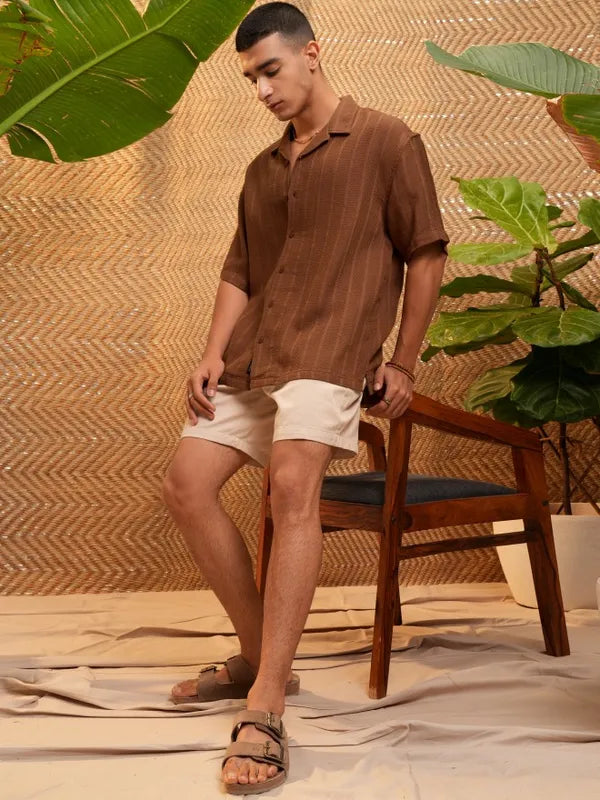 Brown Solid Casual Shirt Men Oversized Fit Relaxed Summer Top