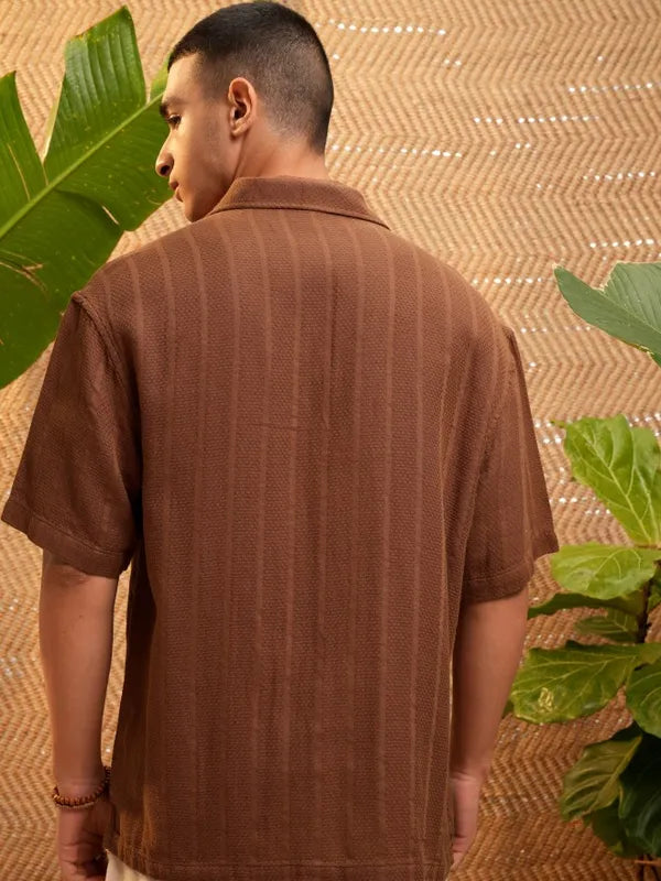 Brown Solid Casual Shirt Men Oversized Fit Relaxed Summer Top