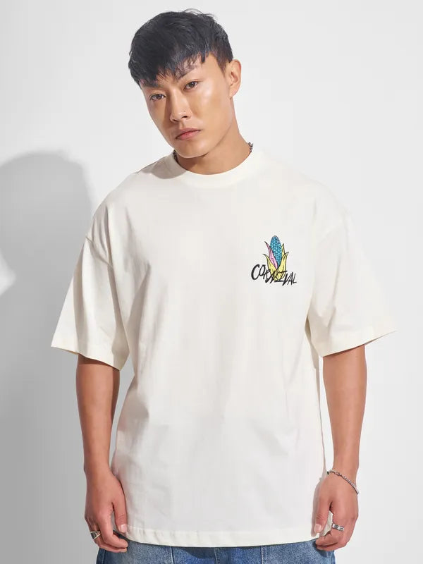 Off White Printed Round Neck Oversized T-Shirt Men’s Casual, Travel, and Party Wear