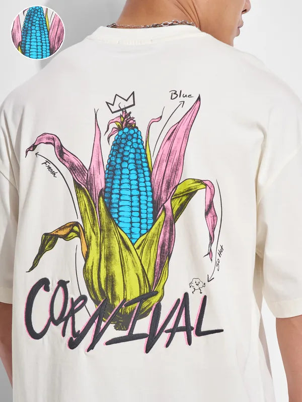 Off White Printed Round Neck Oversized T-Shirt Men’s Casual, Travel, and Party Wear